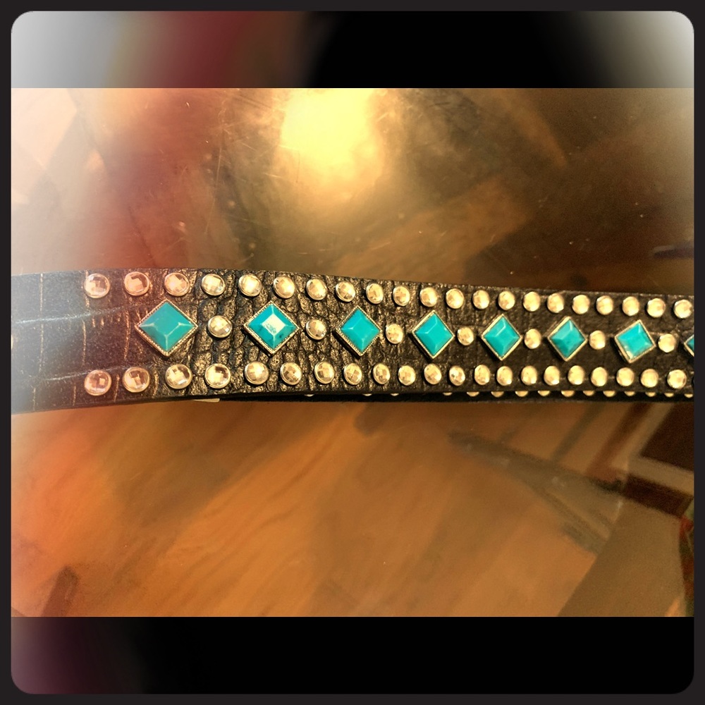 SOLD Belt Brown Leather Rhinestone Turquoise - Picture 2 of 4
